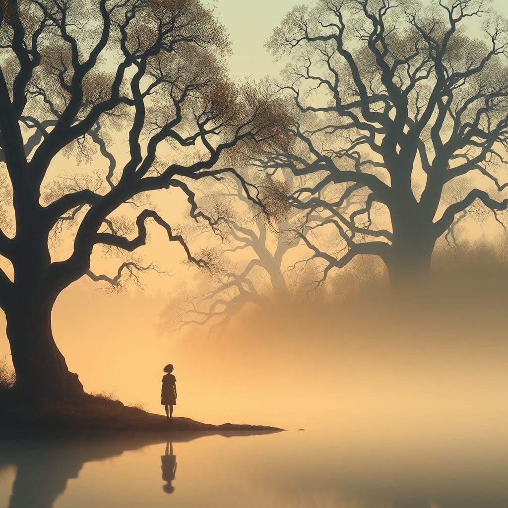 Ethereal Figure at Misty Lake's Edge
