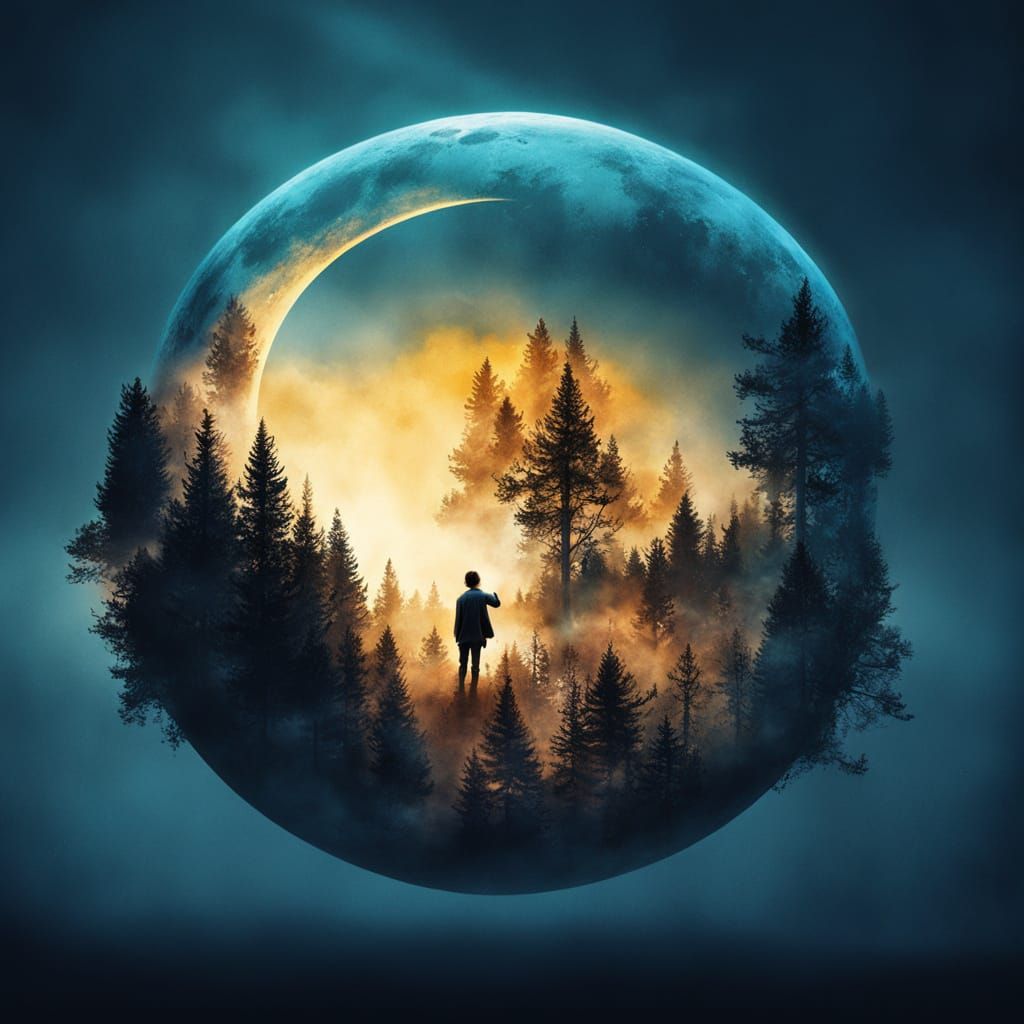 Surreal Forest and Moonscape in Double Exposure