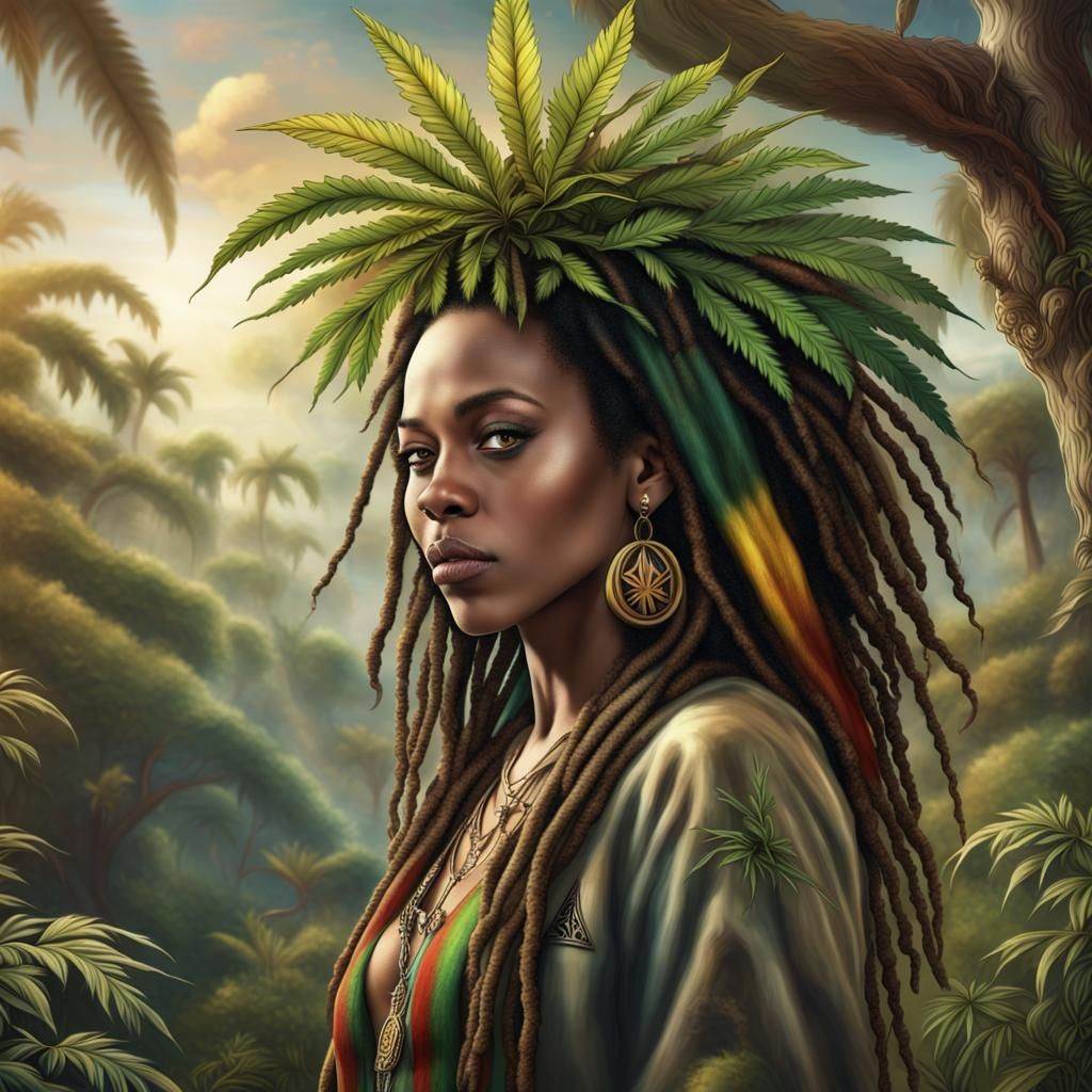 Rastafarian Woman with Reggae Musicians: Digital Matte Paint...