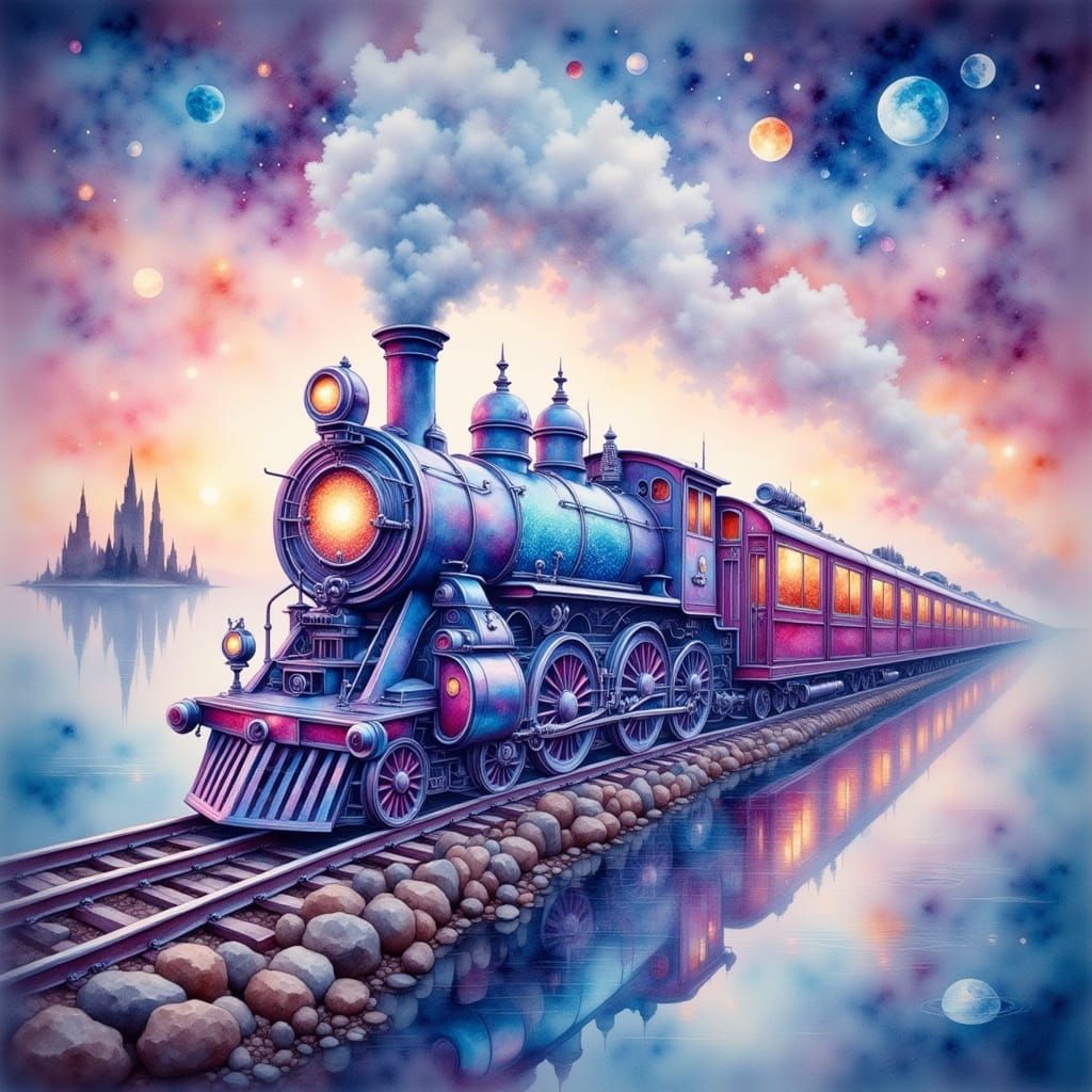 Whimsical Liquid Train on Moonlight Tracks