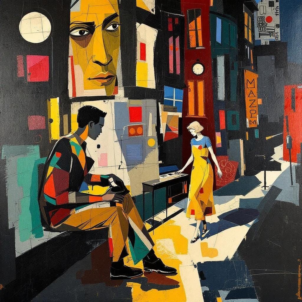 Jazz-Inspired Abstract Street Scene with Collage Elements