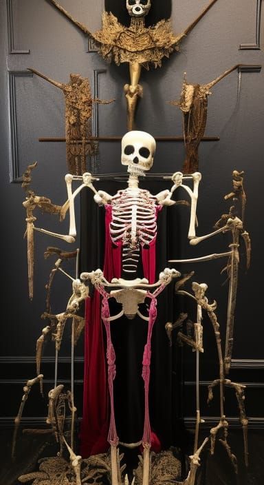 Surreal Skeleton Cat Installation in Gothic Folk Art