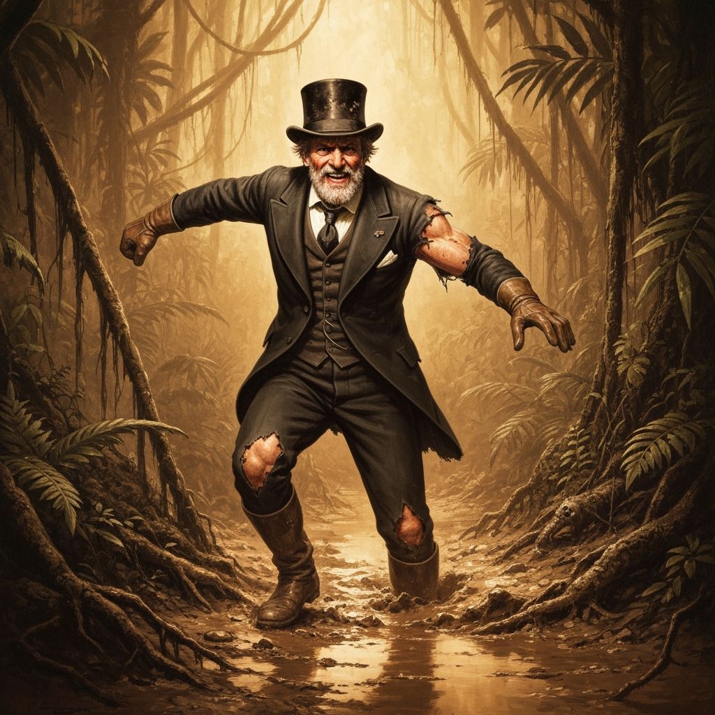 Edwardian Explorer in Muddy Jungle, Sepia-Toned Photograph