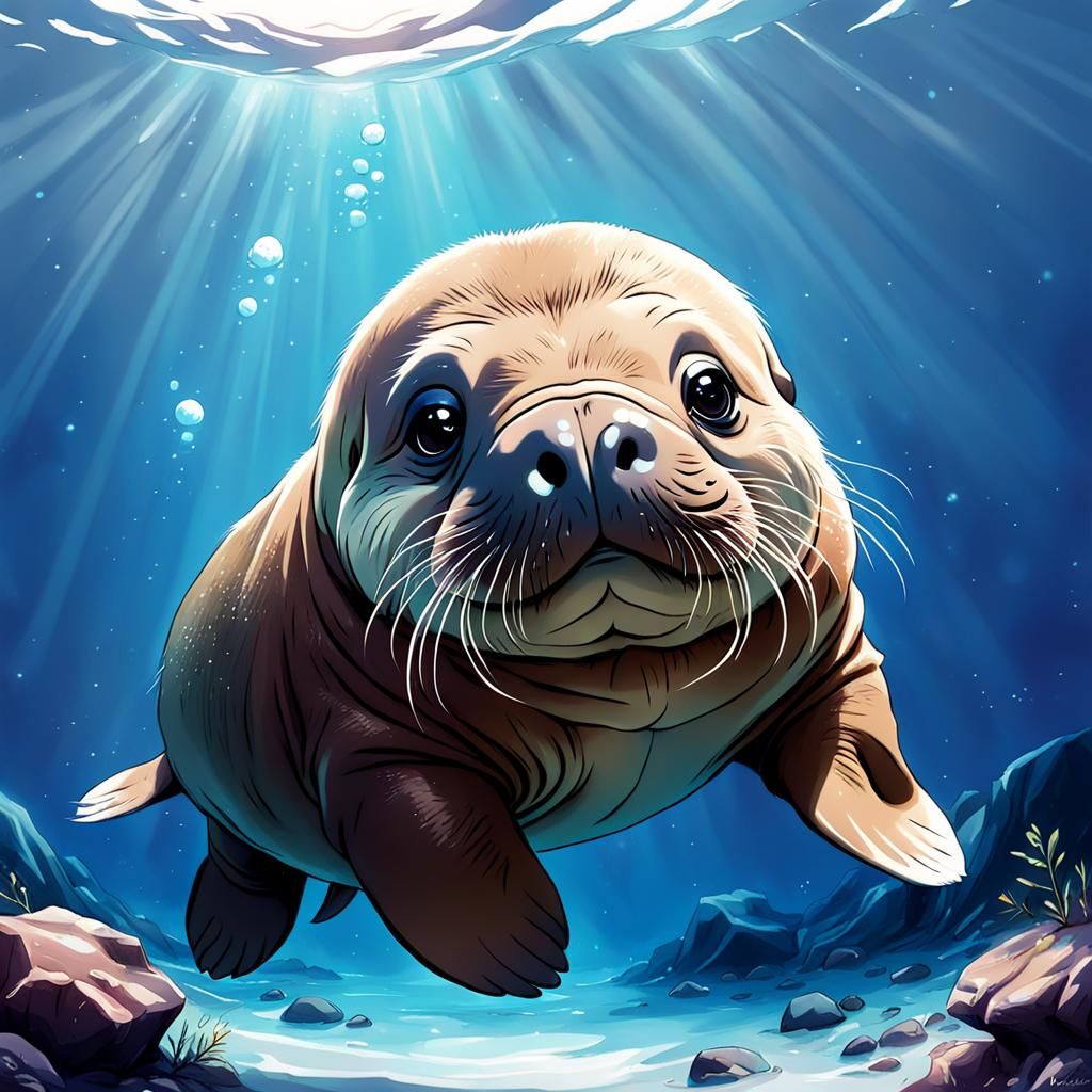 Adorable Baby Walrus in Anime Style