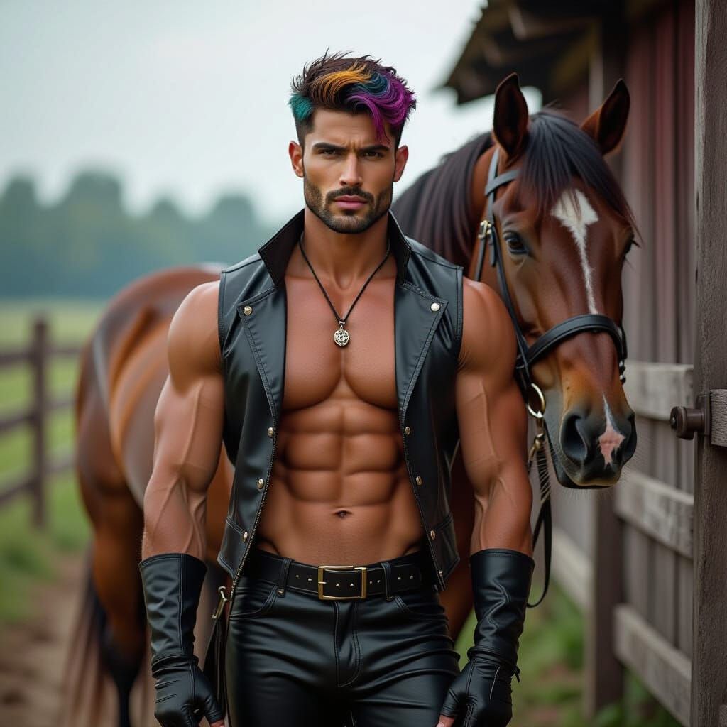 Muscular Man with Horse: Photorealistic Portrait