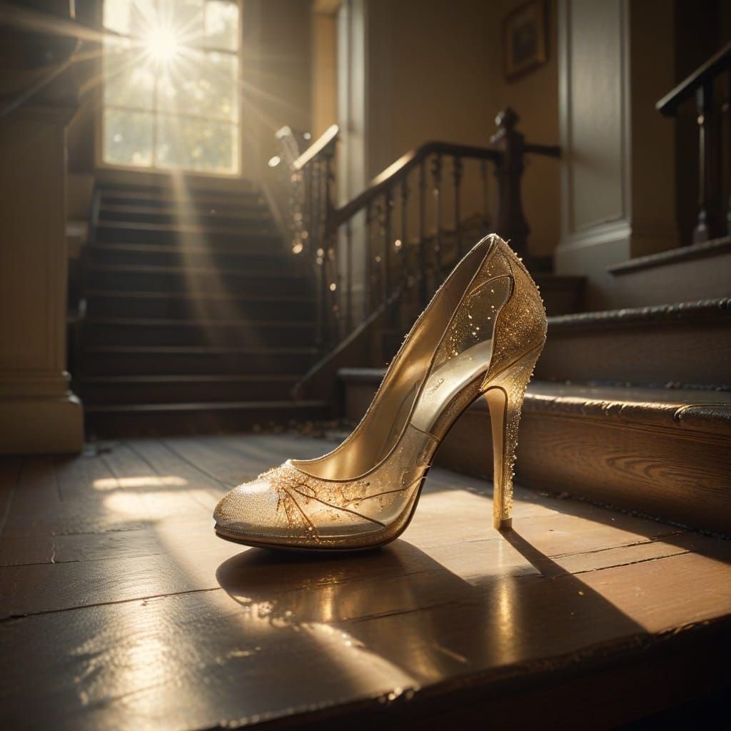 Golden Cinderella Slipper on Stairs in Soft Warm Light