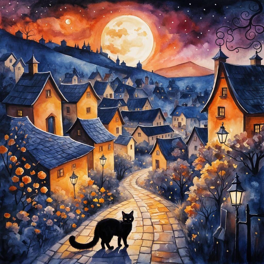 Watercolor Black Cat in Village at Night
