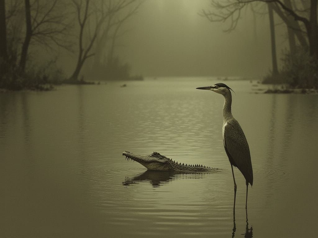 Quirky Crocodile Lurking in Swampy River with Heron
