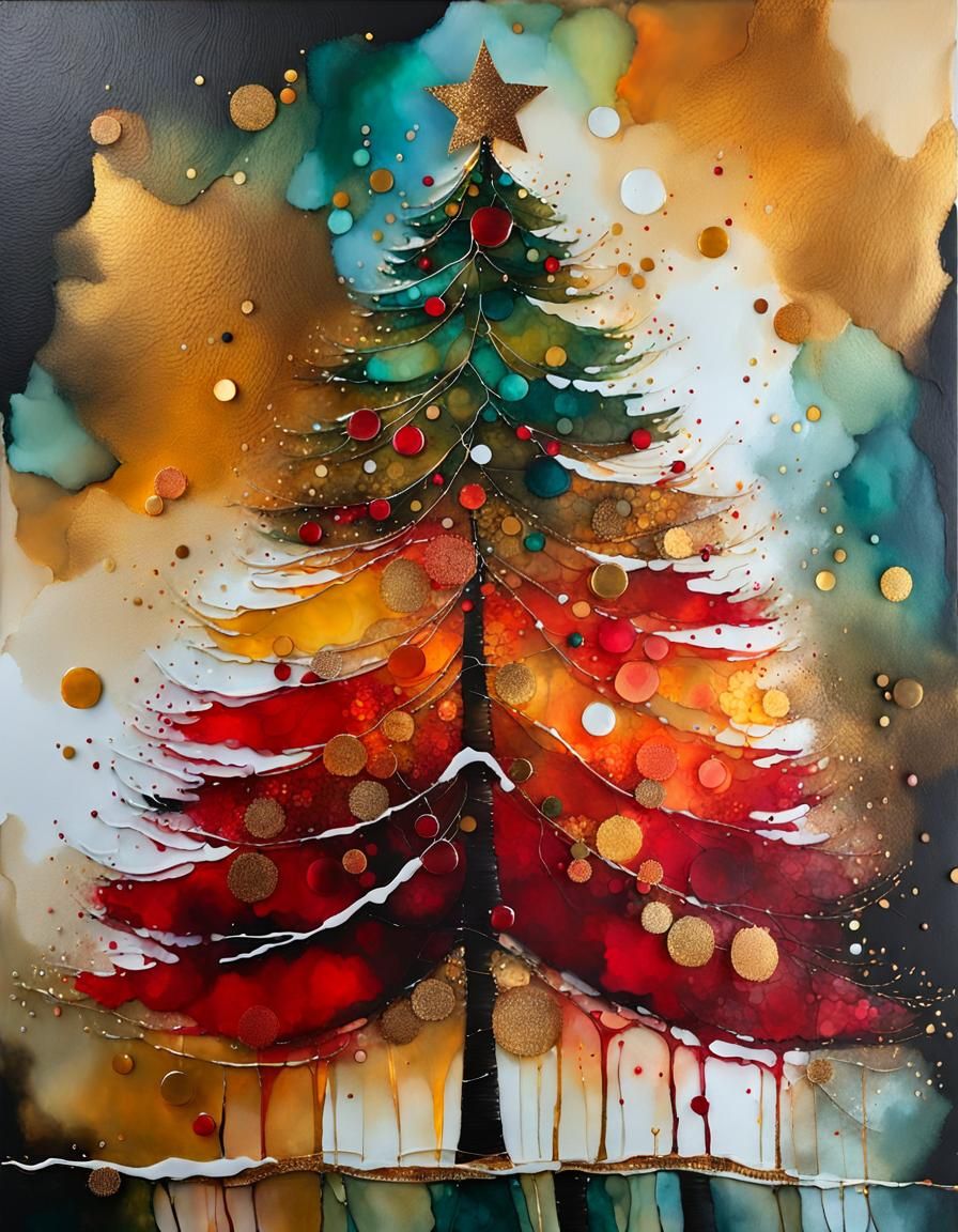 Fiery Christmas Tree in Whimsical Alcohol Ink Art