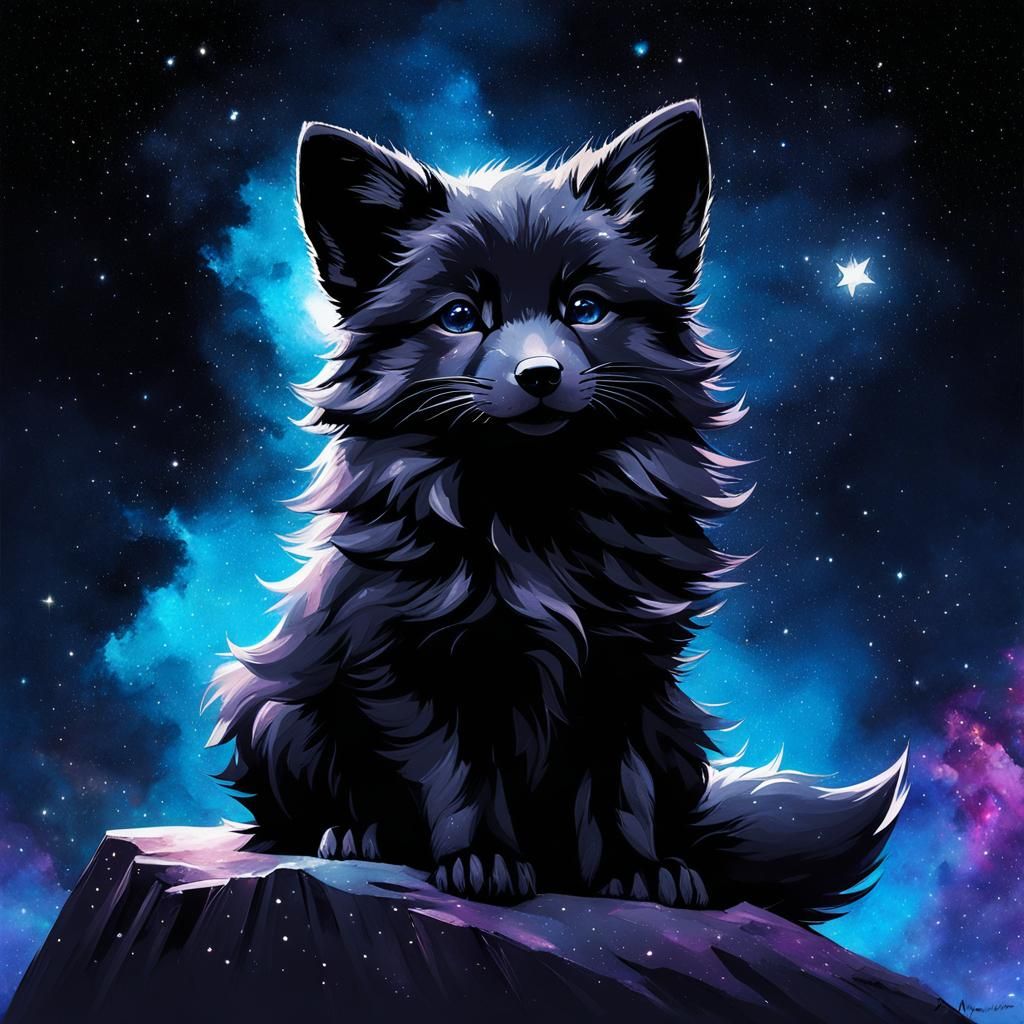 Enchanted Black Fox Silhouetted in Celestial Whimsy