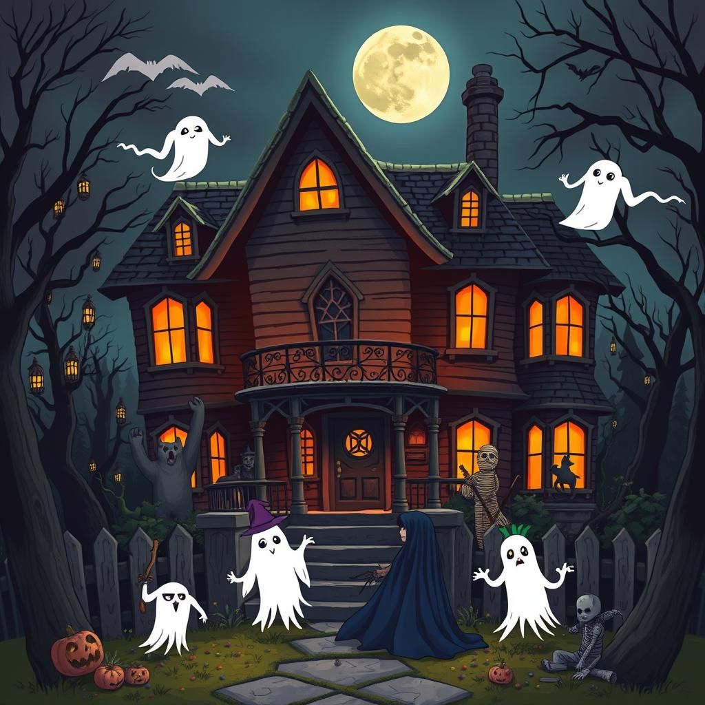 Haunted House Scene with Classic Halloween Monsters