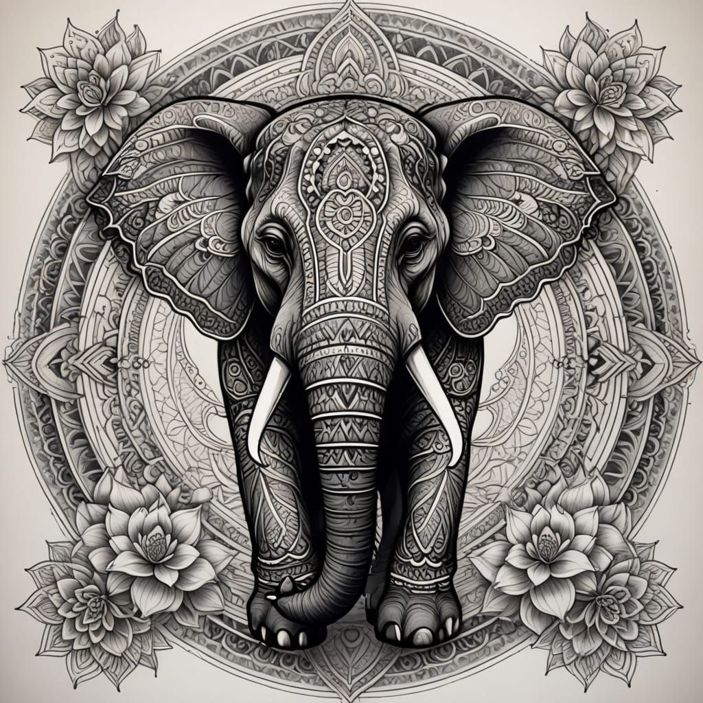 Elegant Ornamental Elephant Line Tattoo Design with Mandalas