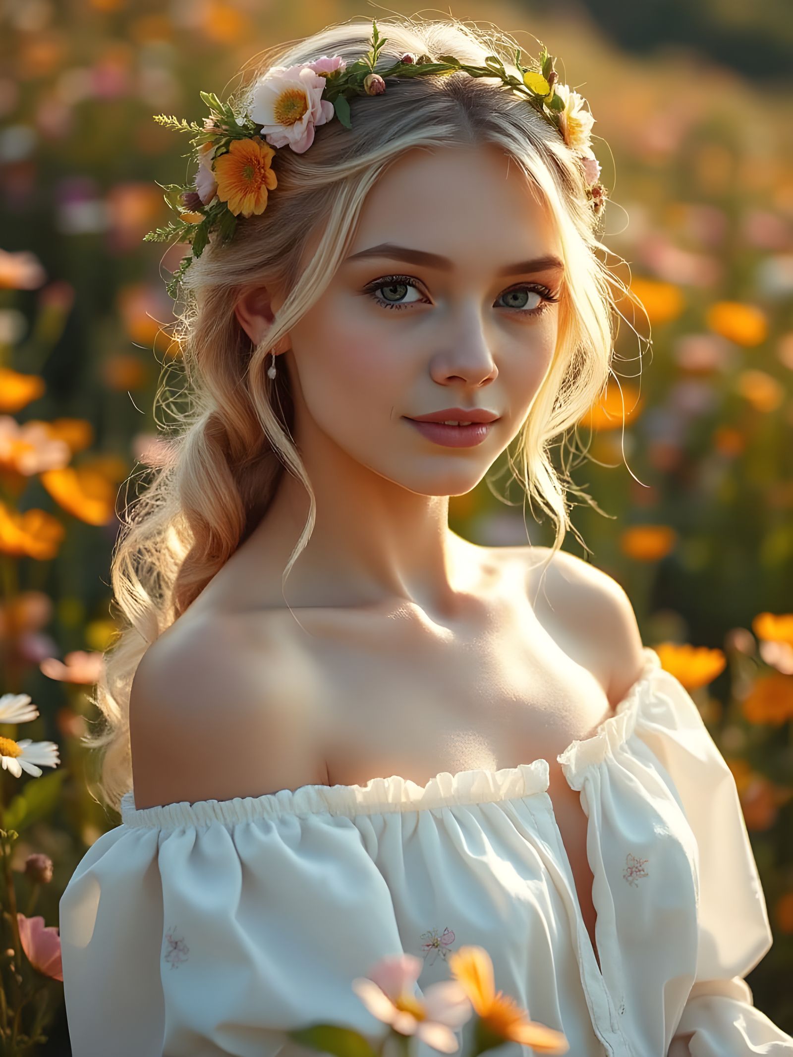 Ethereal Young Woman in Floral Paradise