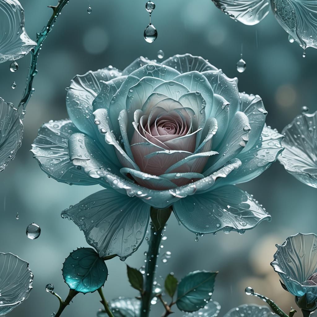 Glass Damascus Rose with Water Droplets