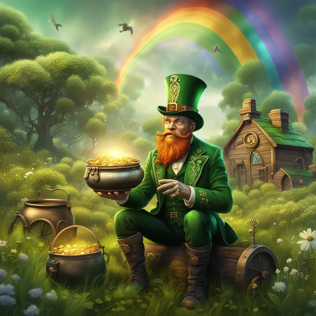 Steampunk Leprechaun with Gold and Rainbow