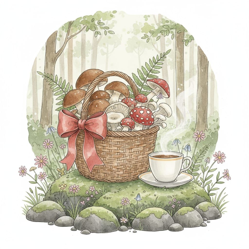 Mushroom Gift Basket in Watercolor Style