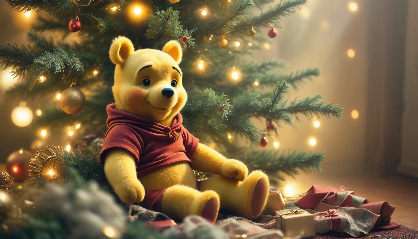 Whimsical Winnie Pooh in Golden Christmas Glowing