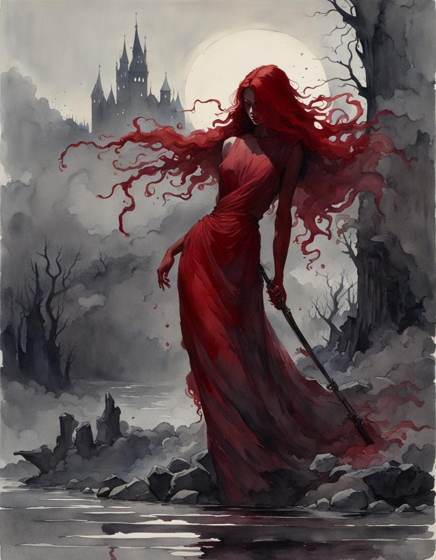 Happy Red Watercolor Figure in Doré Style