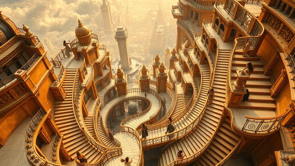 Infinite Gold Cityscape in Motion: Women Walking Impossible....