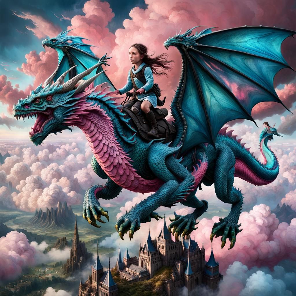 Dragon Rider in Pink and Blue Clouds