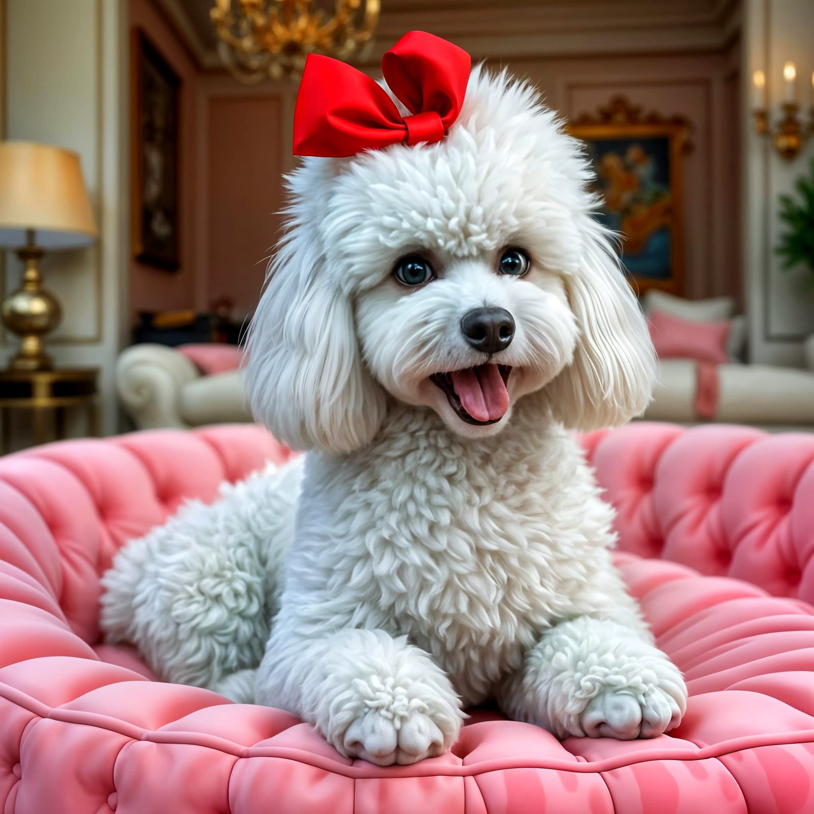 Luxurious White Poodle on Pink Dog Bed in Oil Painting Style