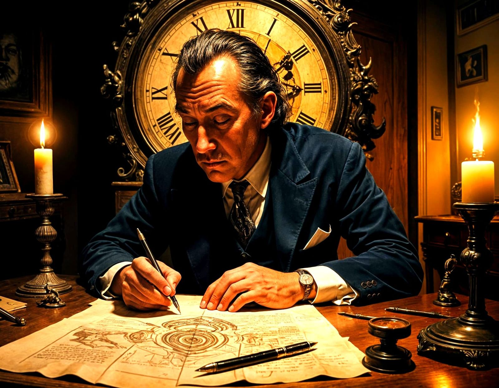 Man with Clock Face Writes of Time's Flow