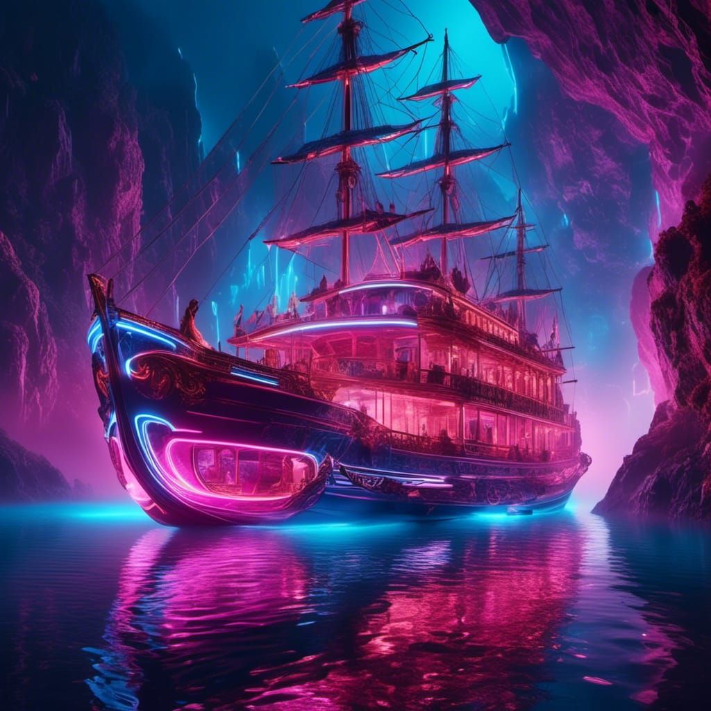 Neon Riverboard Sailing: Surreal Digital Art
