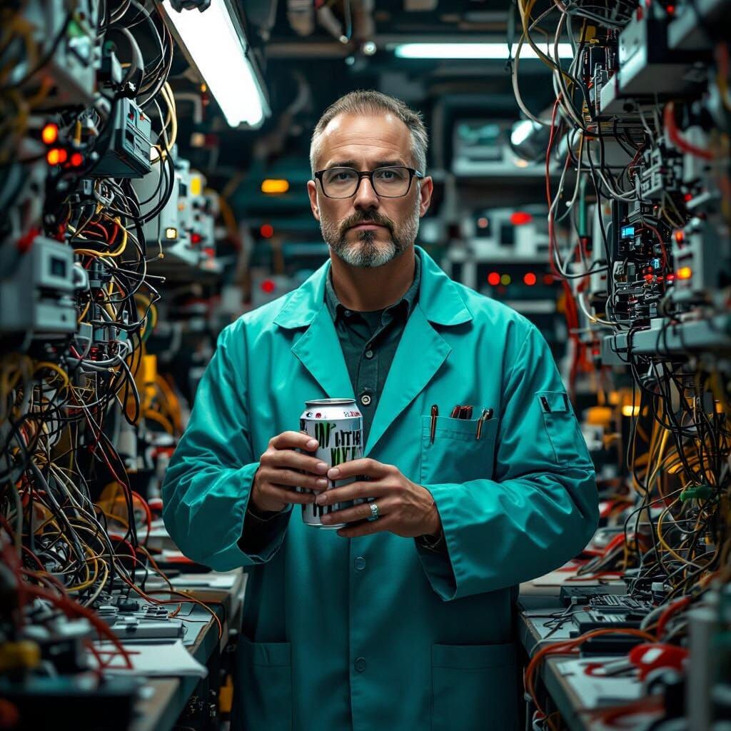 Scientist in Cluttered Lab with Monster Drink
