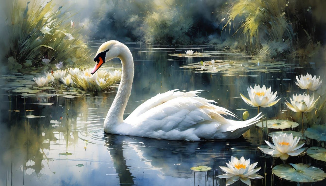 Beautiful Swan on Lily Pond in Watercolor