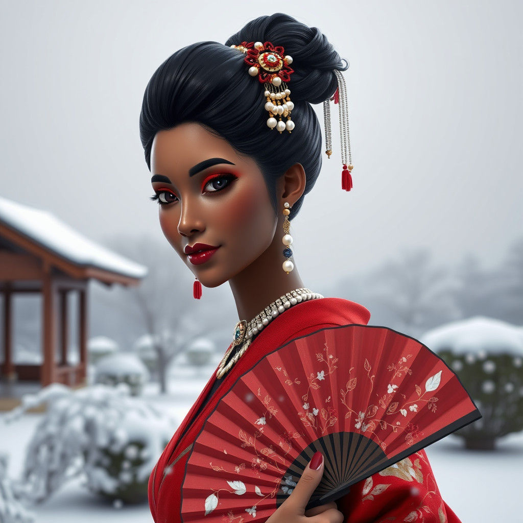 Hindu Woman in Red Kimono in Snowy Garden