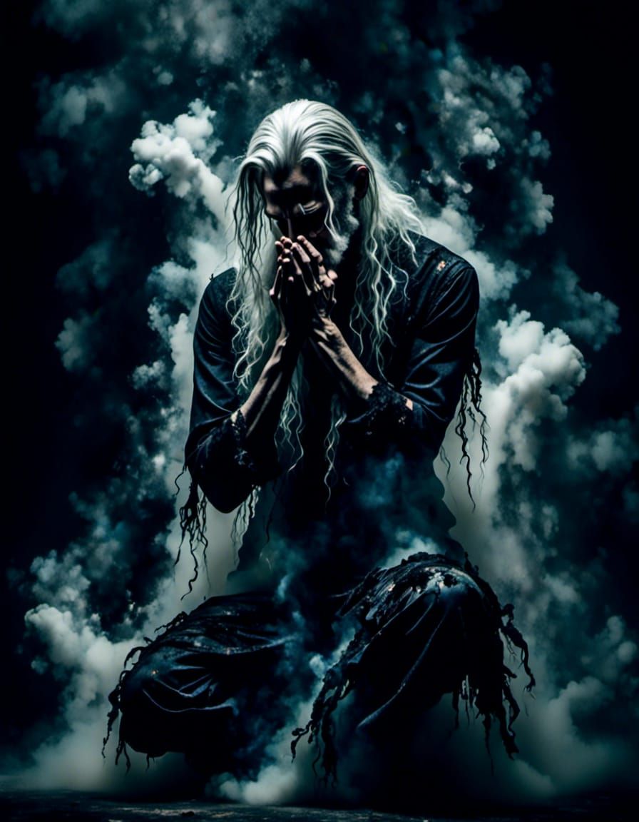 Depressed Man Kneeling in Dark Shadows