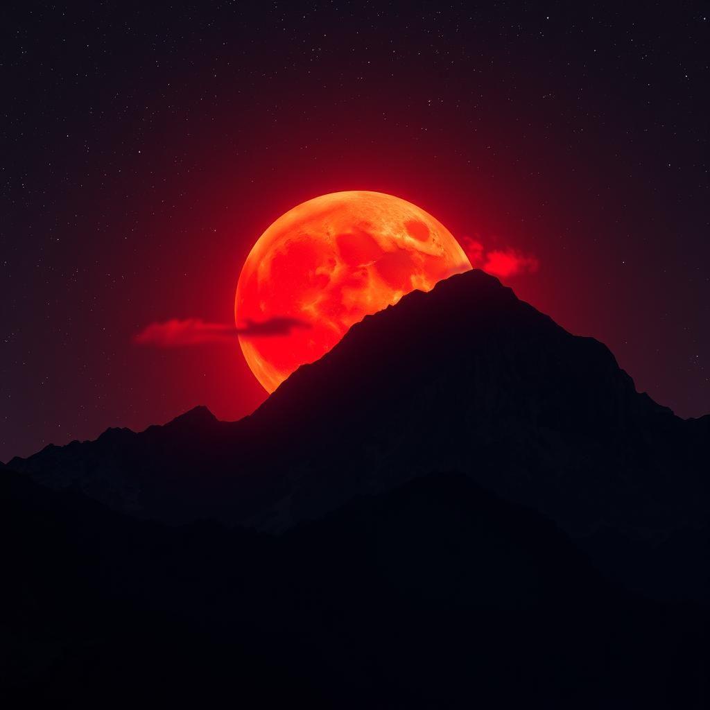 Majestic Red Moon Rising Over Mountain Range