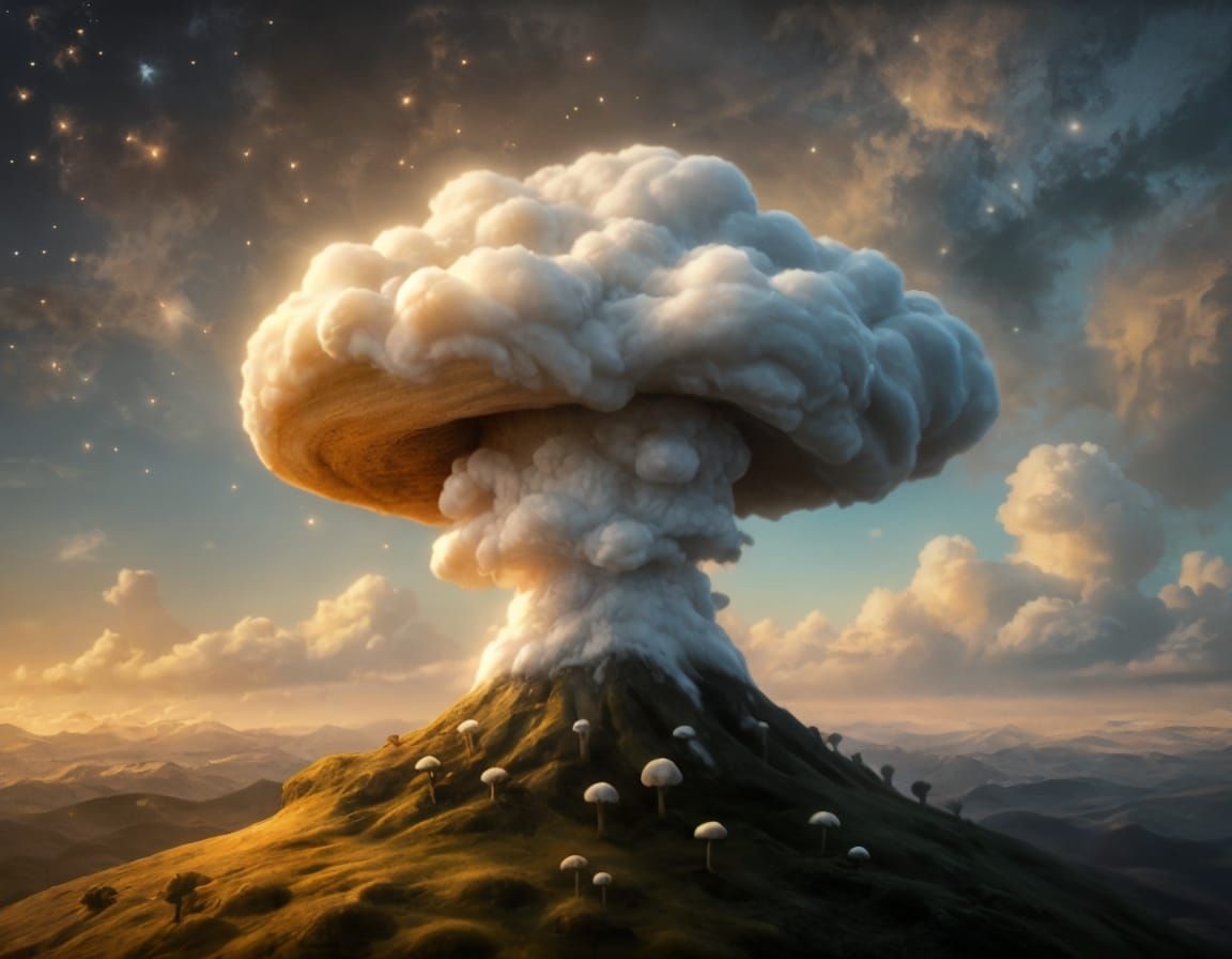 Cloud Mushroom Home in Oil Painting Style