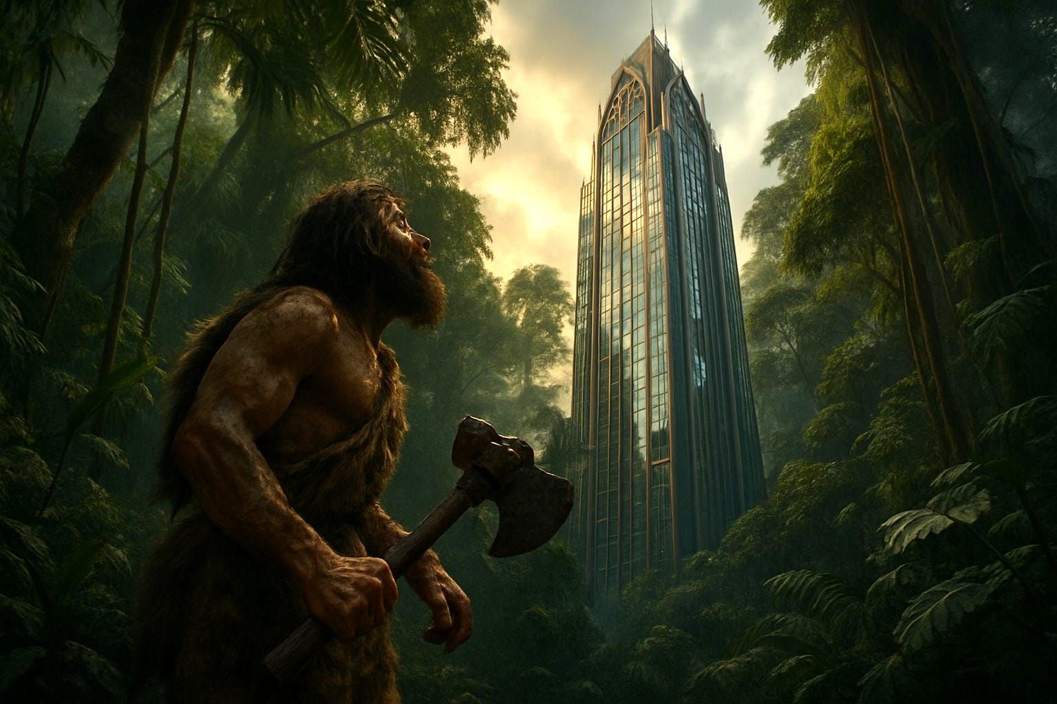 Caveman Stares at Skyscraper in Jungle