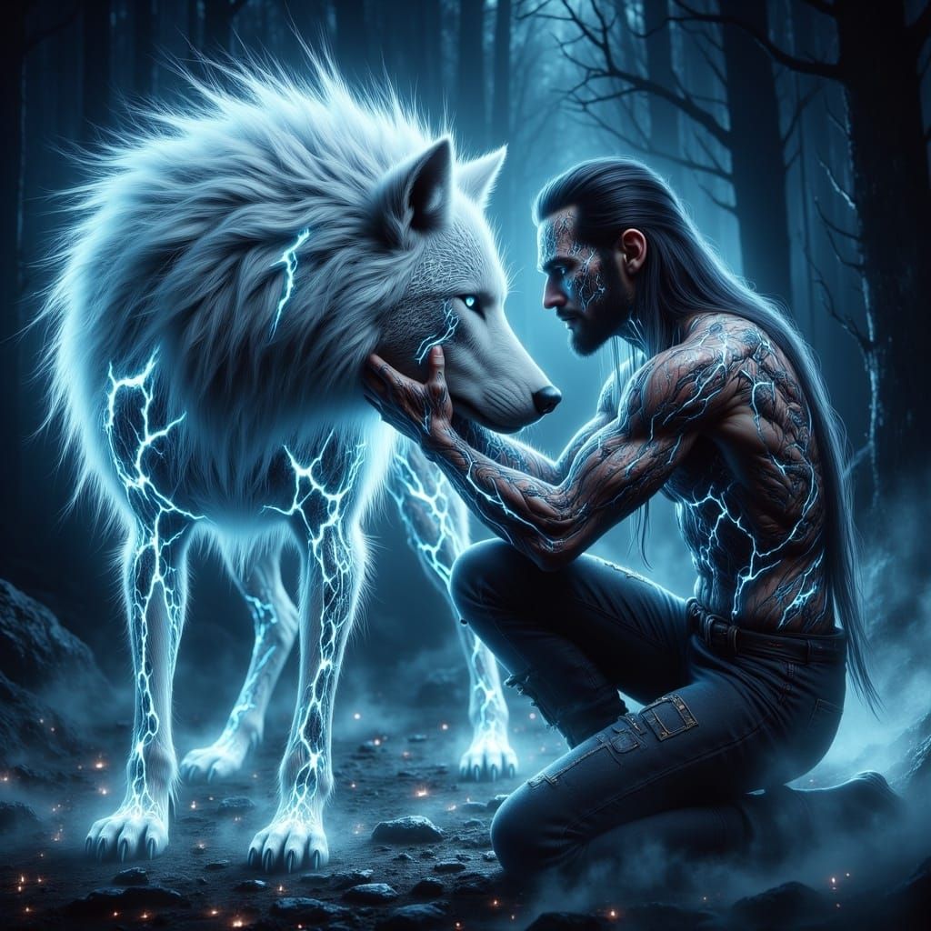 Viking Warrior and Prismatic Wolf Portrait