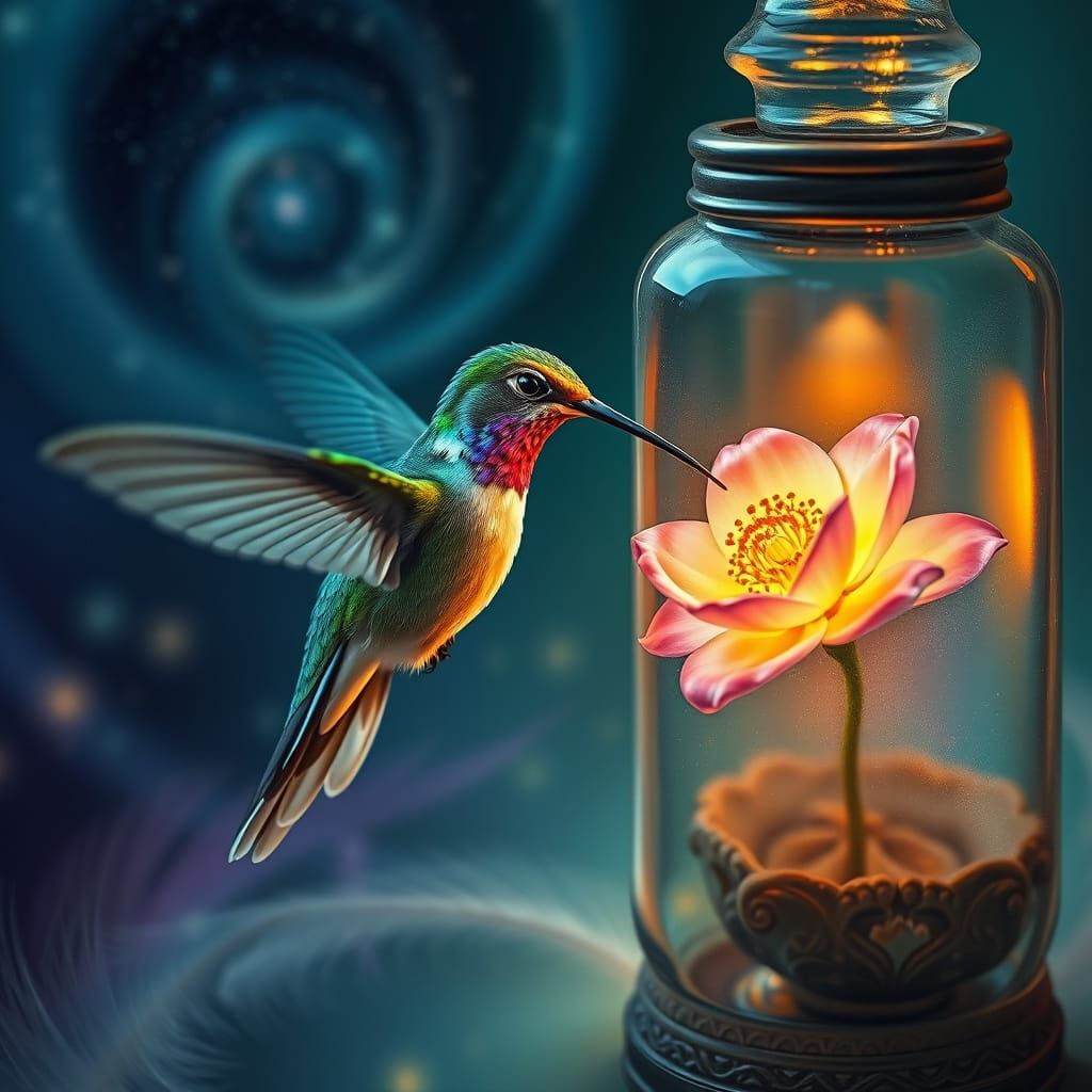 Miniature Hummingbird in Ethereal, Neon-Lit Scene, Glass Bot...