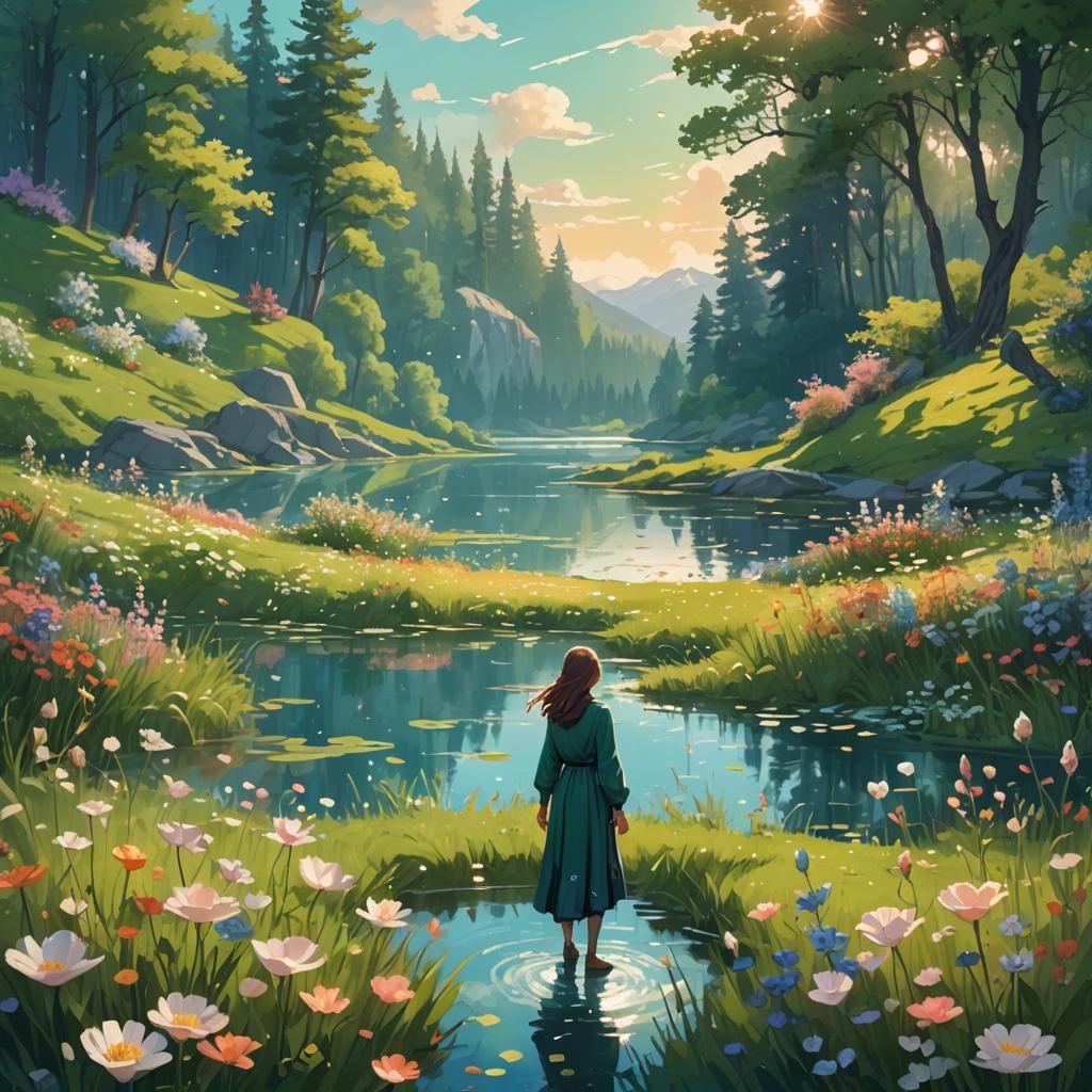 Lush Meadow Landscape with Calm Lake, Art Nouveau Style