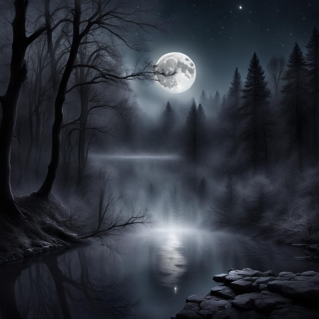 Misty Night Forest Landscape in Watercolor