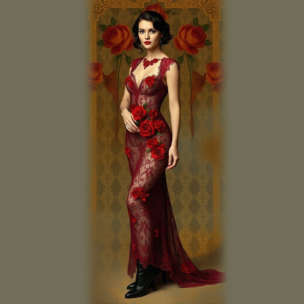 Elegant Lady in Red Lipstick and Lace Gown