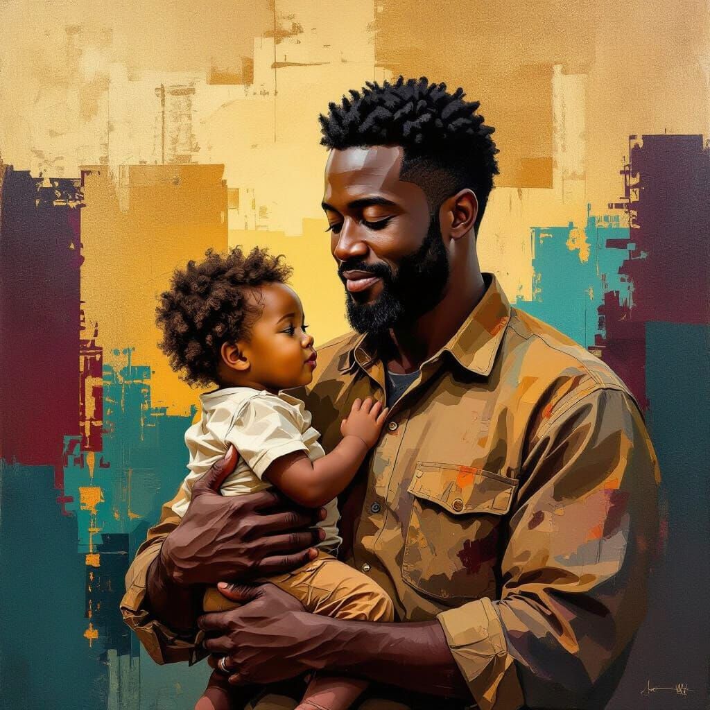 Black Father and Child in Afro-Futurist Style
