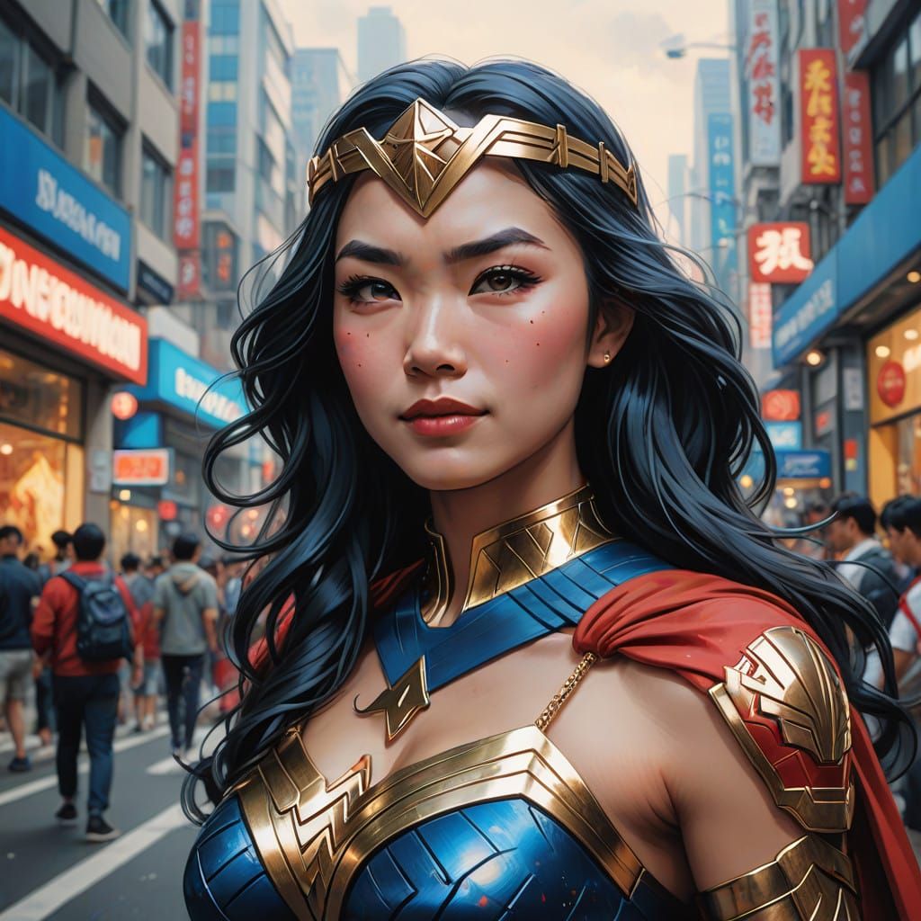 Chinese Cosplayer as Wonder Woman Smiles at Passersby in Vib...