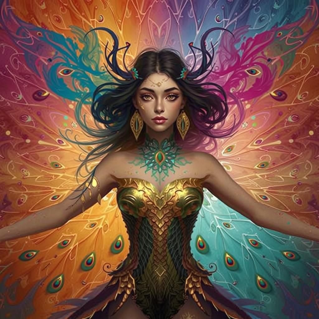 Mystical Dragon Peacock Woman in Abstract Fauvism Style