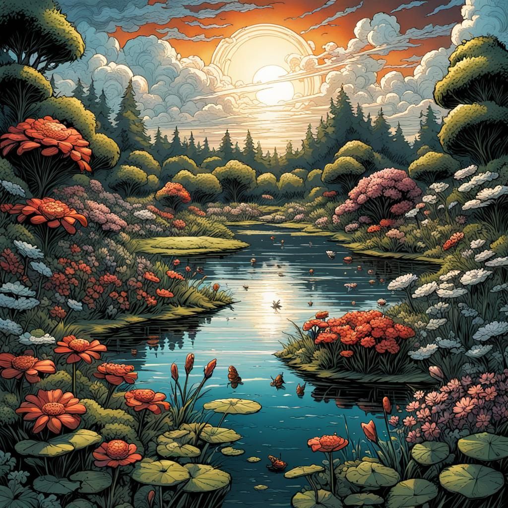 flower garden.lake, bugs, frog, clouds