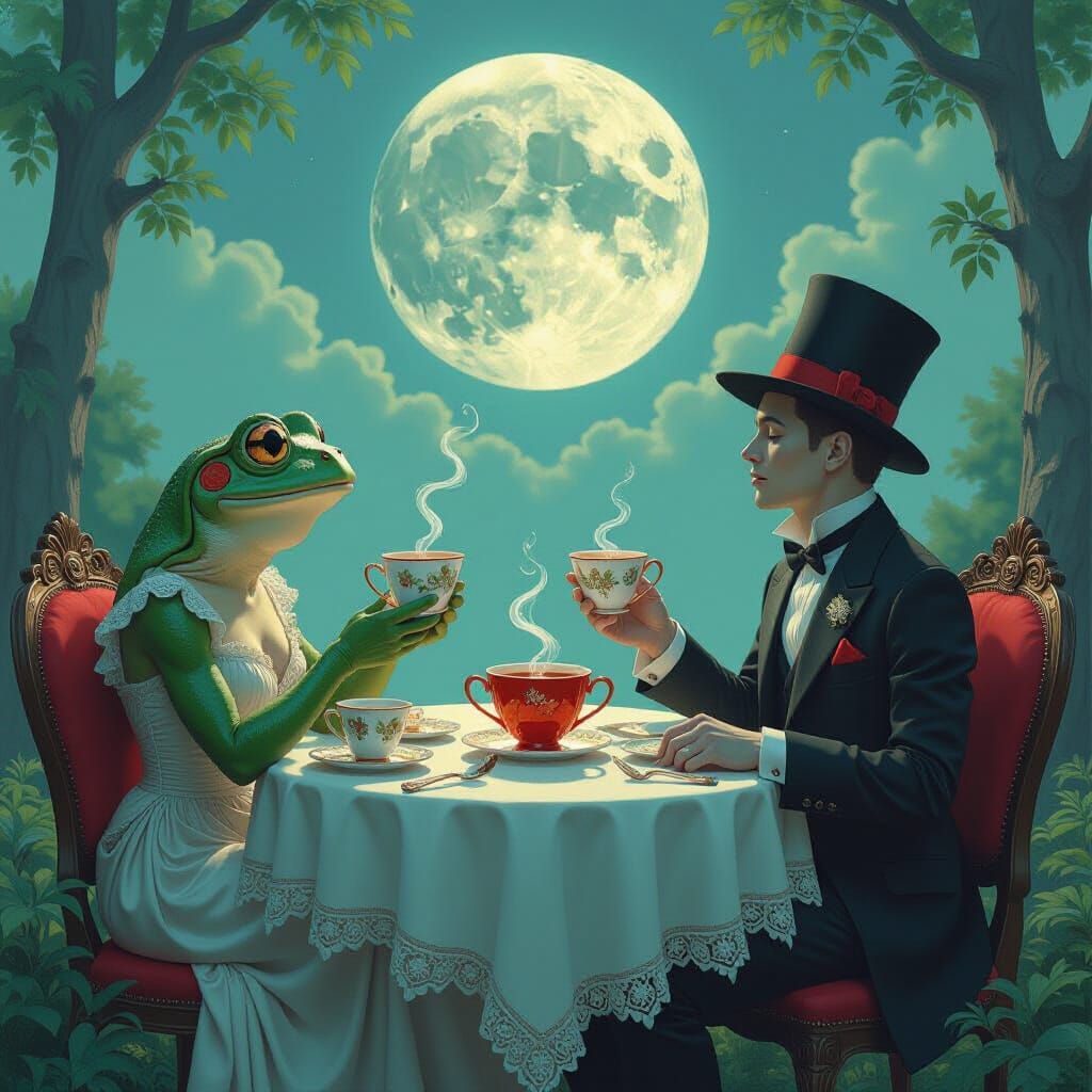 Surreal Tea Party With Drinking Cups and Frog Poet