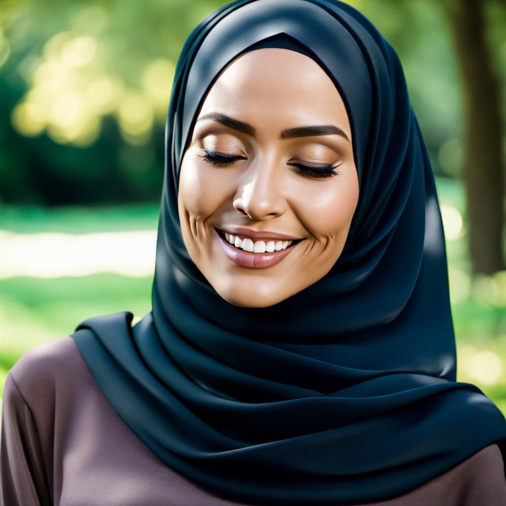 Portrait of Smiling Hijabi Woman with Closed Eyes