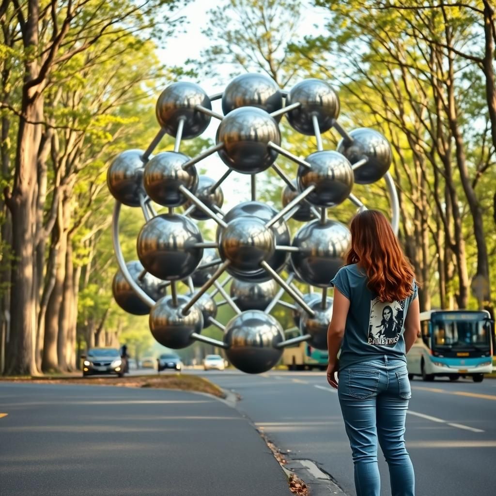 Woman Observes Gigantic Metal Atomic Sphere