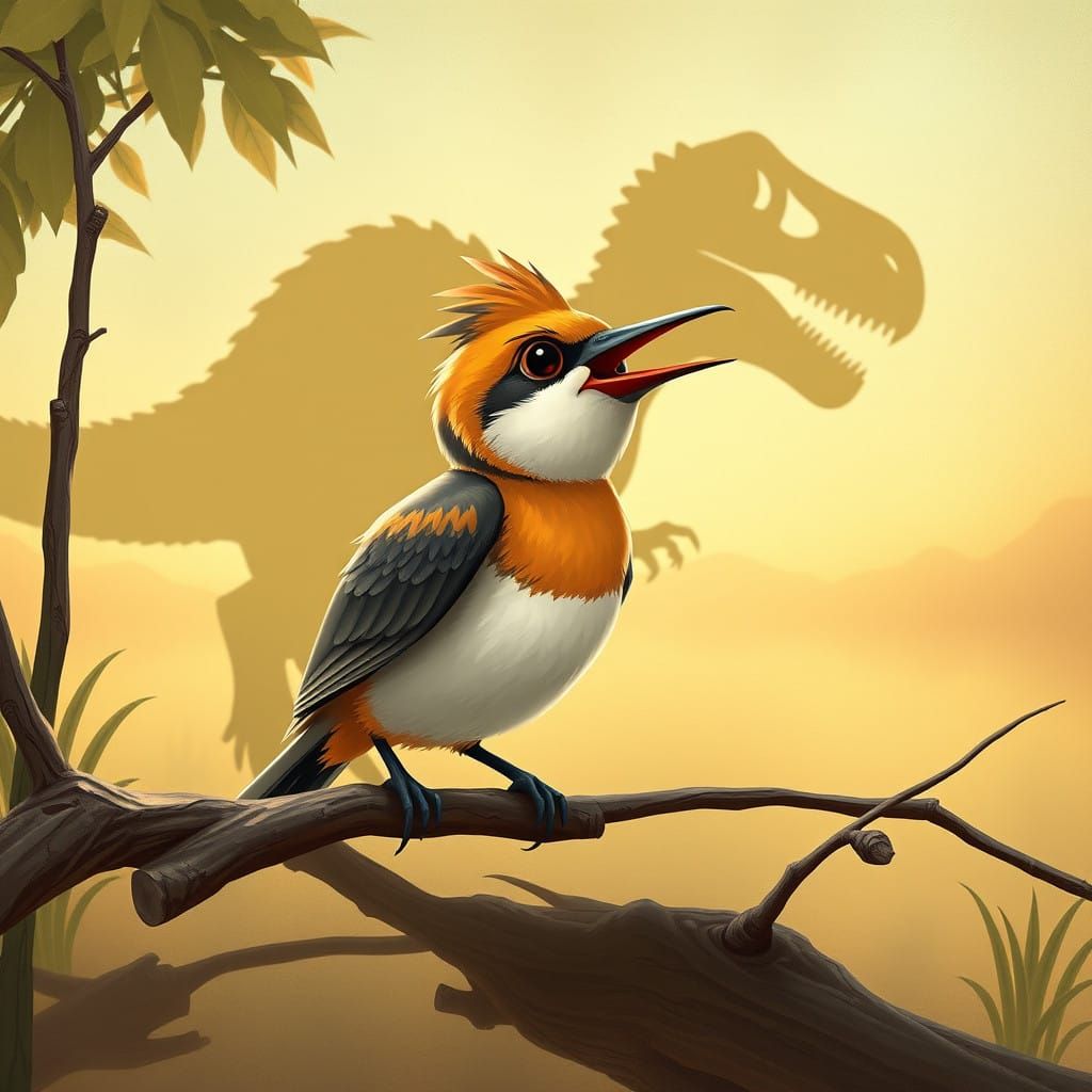 Whimsical Dinosaur Songbird Landscape in Fantasy Art