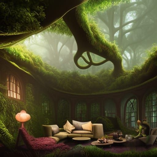 Forest Living Room: Nature-Infused Fantasy Concept Art