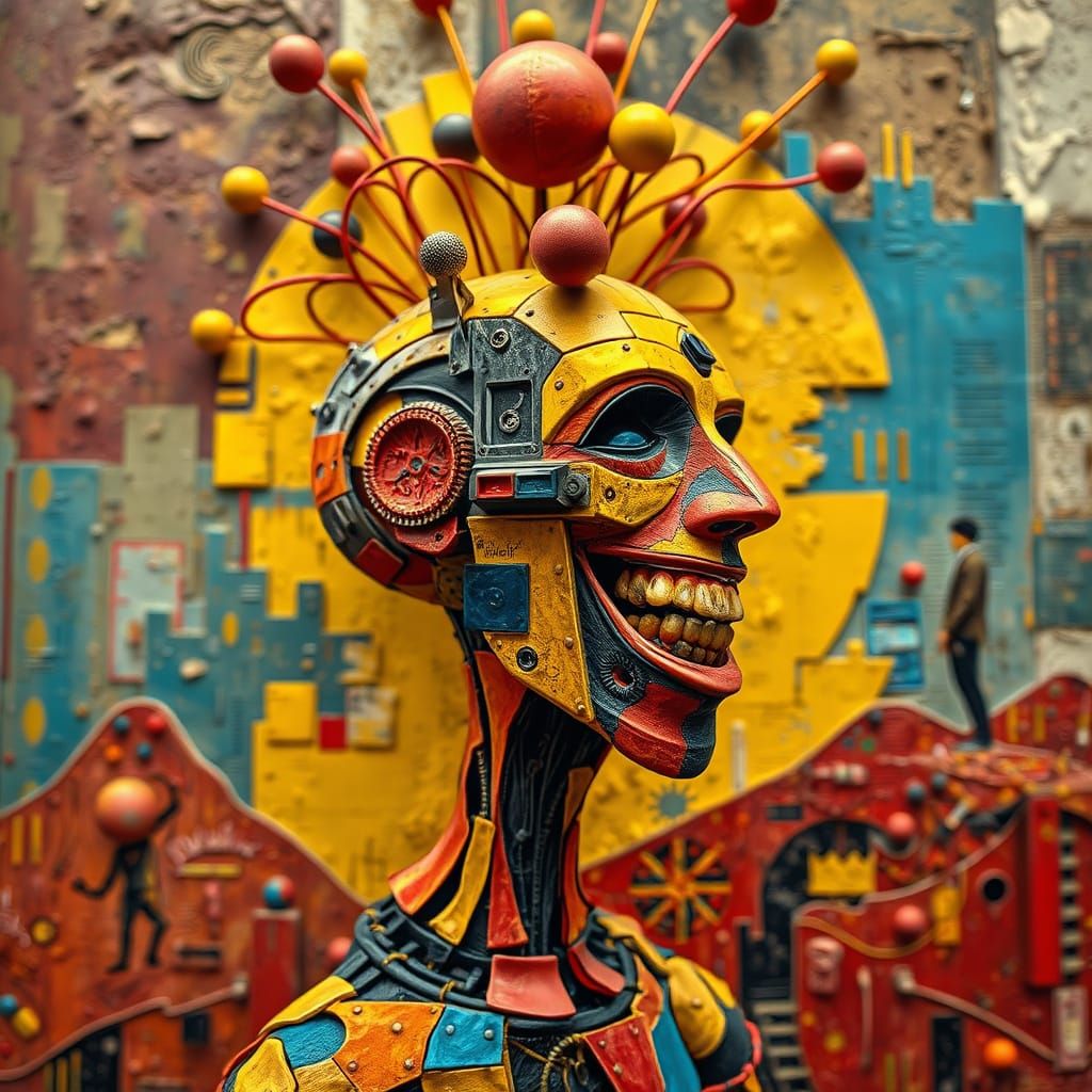 Abstract Expressionist Humanoid in Vibrant Cubist Landscape