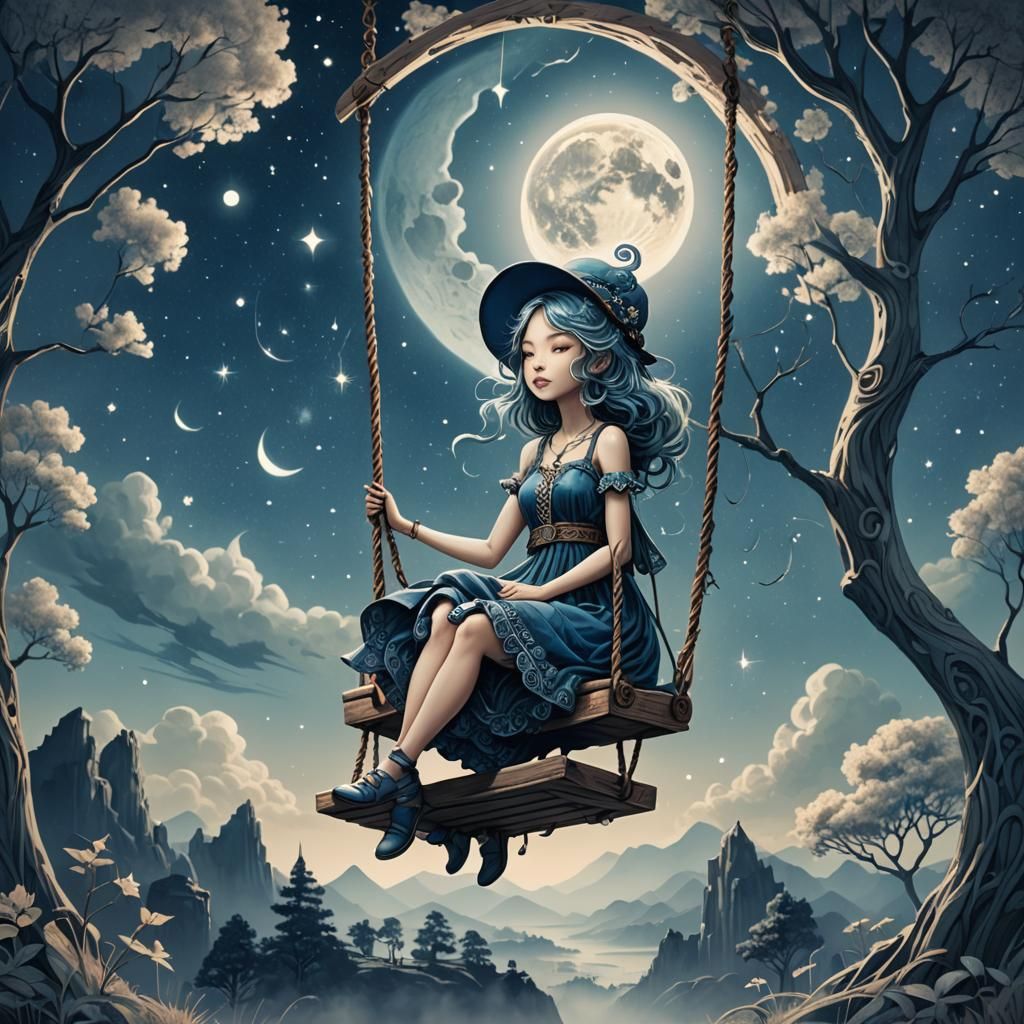 Cyanotype Dreamscape: Chibi Woman on Moonlit Swing